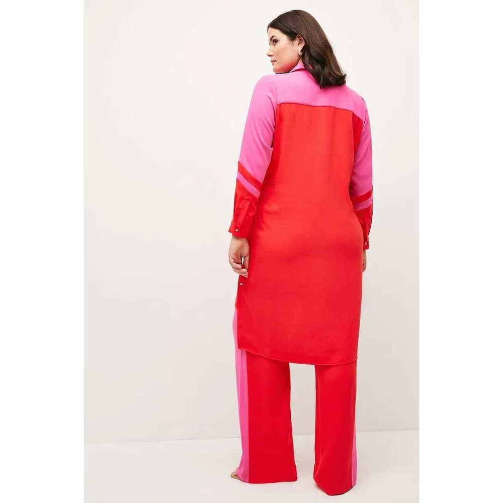 Karen‎ Millen US 20 Pink Red Colorblock Button Down Long Sleeve Tunic Top